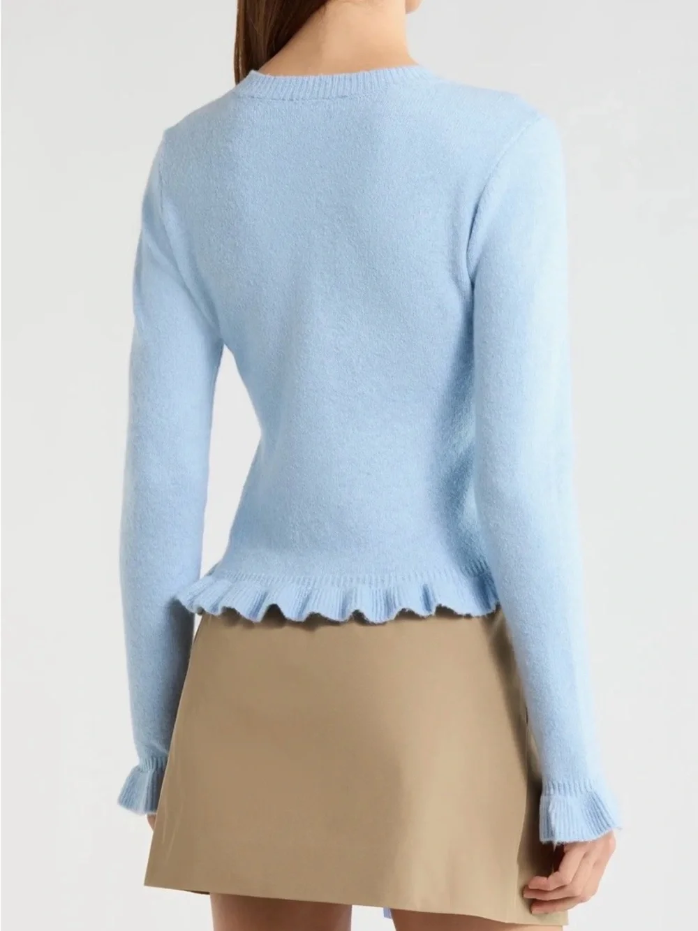 ASTR Sky Blue Eowyn Ruffle-Pearl Knit Cardigan